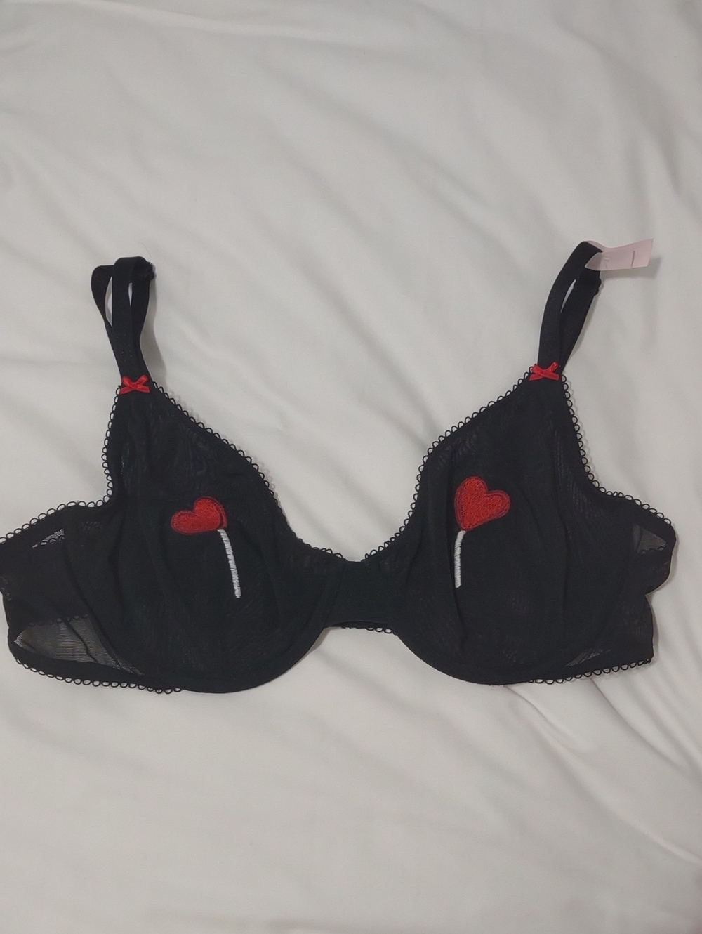 Victoria's Secret Black Sheer Underwire Bra with Red Heart Accents